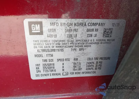 2021 Chevrolet Trailblazer Awd Rs z USA, uszkodzony, nr VIN KL79MUSL0MB116185